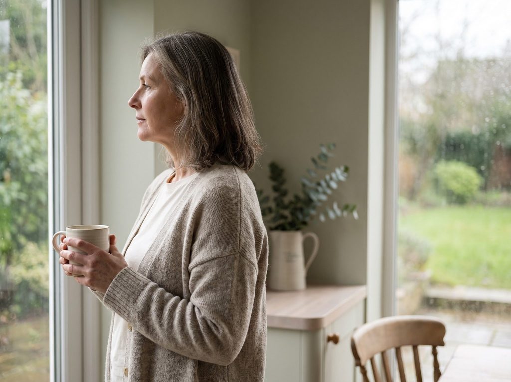 A woman alone at her kitchen window with a cup of coffee.