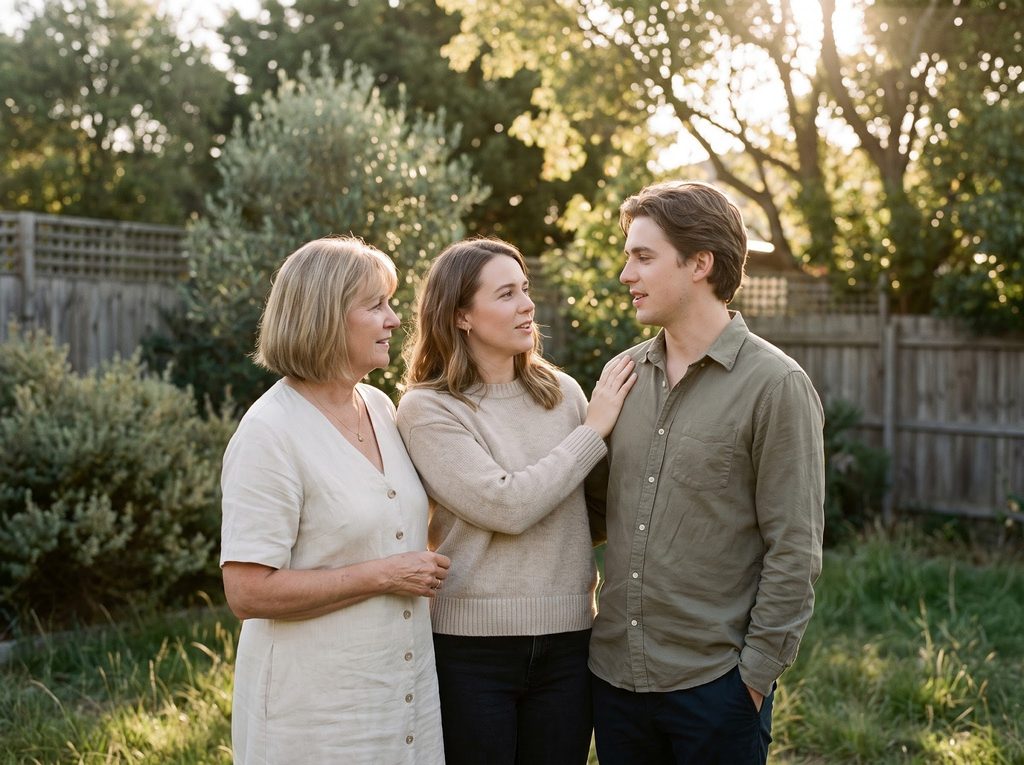 a mother in the garden with her two adult children.