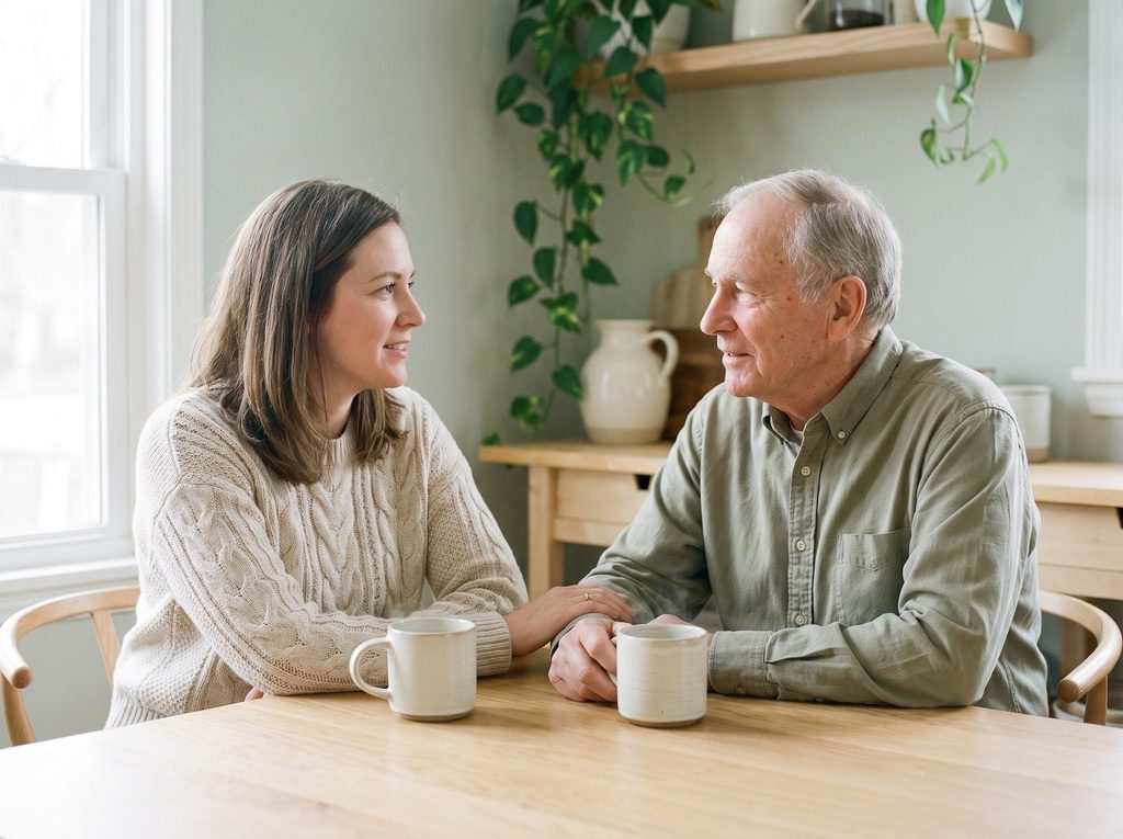 A daughter and her father talking over coffee at a kitchen table.
