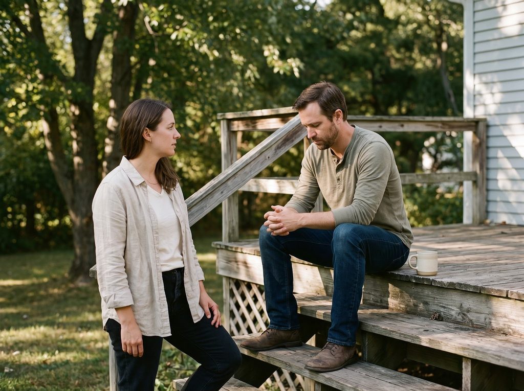 Two adult siblings on the porch steps of a family house, working something out.