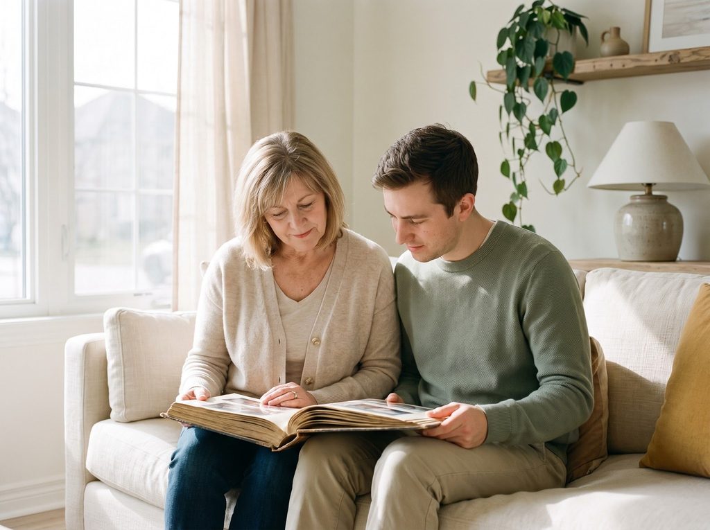 A mother and her adult son looking through a photo album at home.