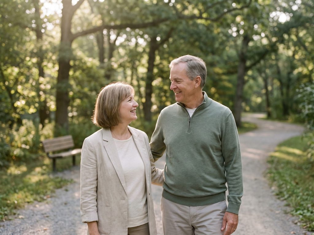 A couple in their sixties walking together on a tree-lined path.